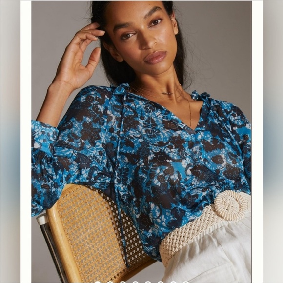 Anthropologie Tops - Anthropologie Sheer Printed Peasant Blouse Medium